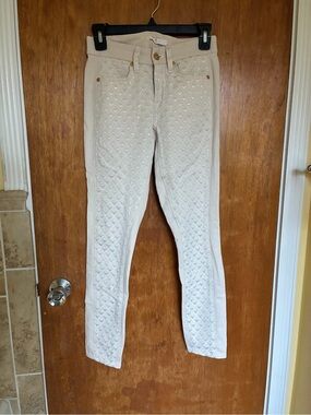 7 For All Mankind Cream Quilted Skinny Jeans with Gold Accents